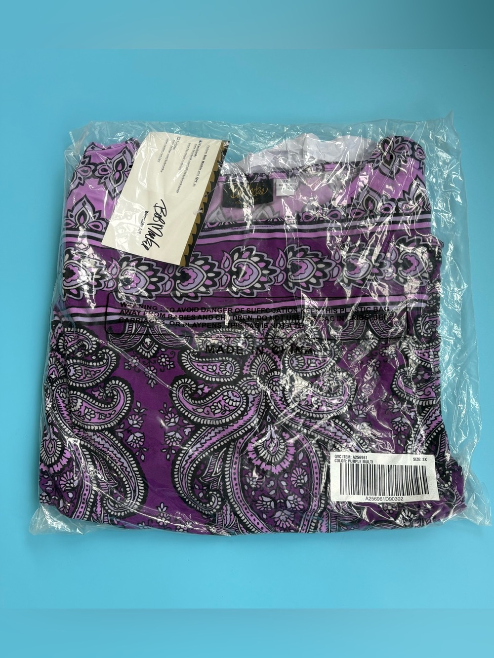 NWT Bob Mackie Wearable Art Women’s 3X Purple Paisley Scoop Neck 3/4 Sleeve Top